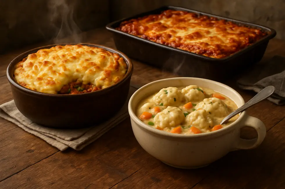 Various classic comfort foods like shepherd's pie, chicken and dumplings, and lasagna on a rustic table.