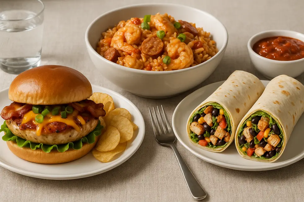 A table featuring a Monterey Chicken Sandwich, Jambalaya, and Southwest Chicken and Bacon Wraps, highlighting quick meal options.